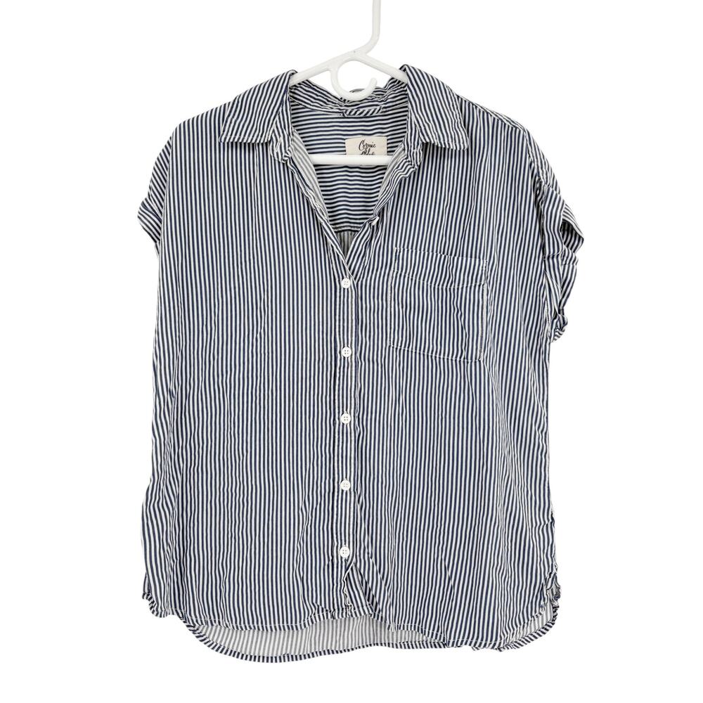 COSMIC BLUE LOVE Top Size S Blue White Stripe Navy Button Down Collar Resort - Picture 2 of 5